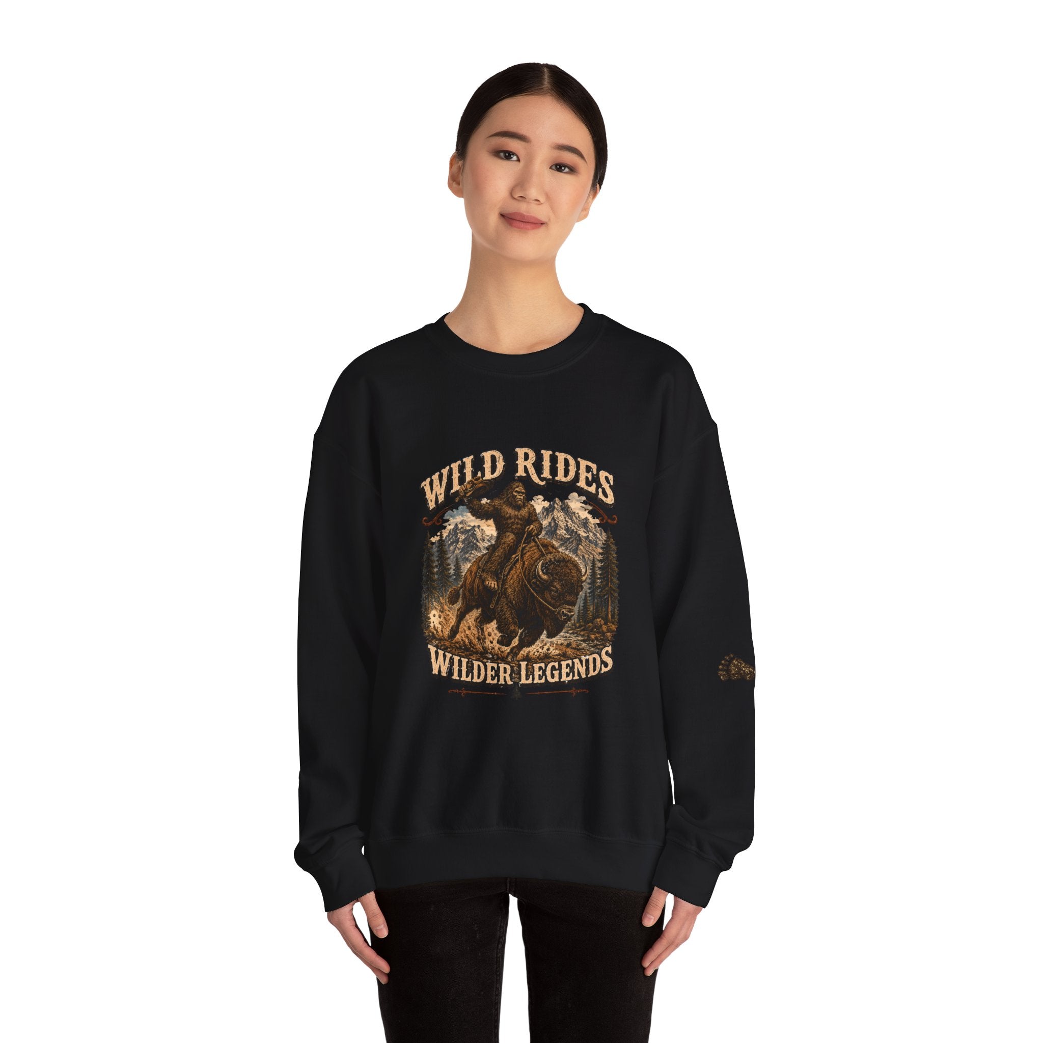 Wild Rides, Wilder Legends — Sasquatch Bison Rider, Crewneck Sweatshirt