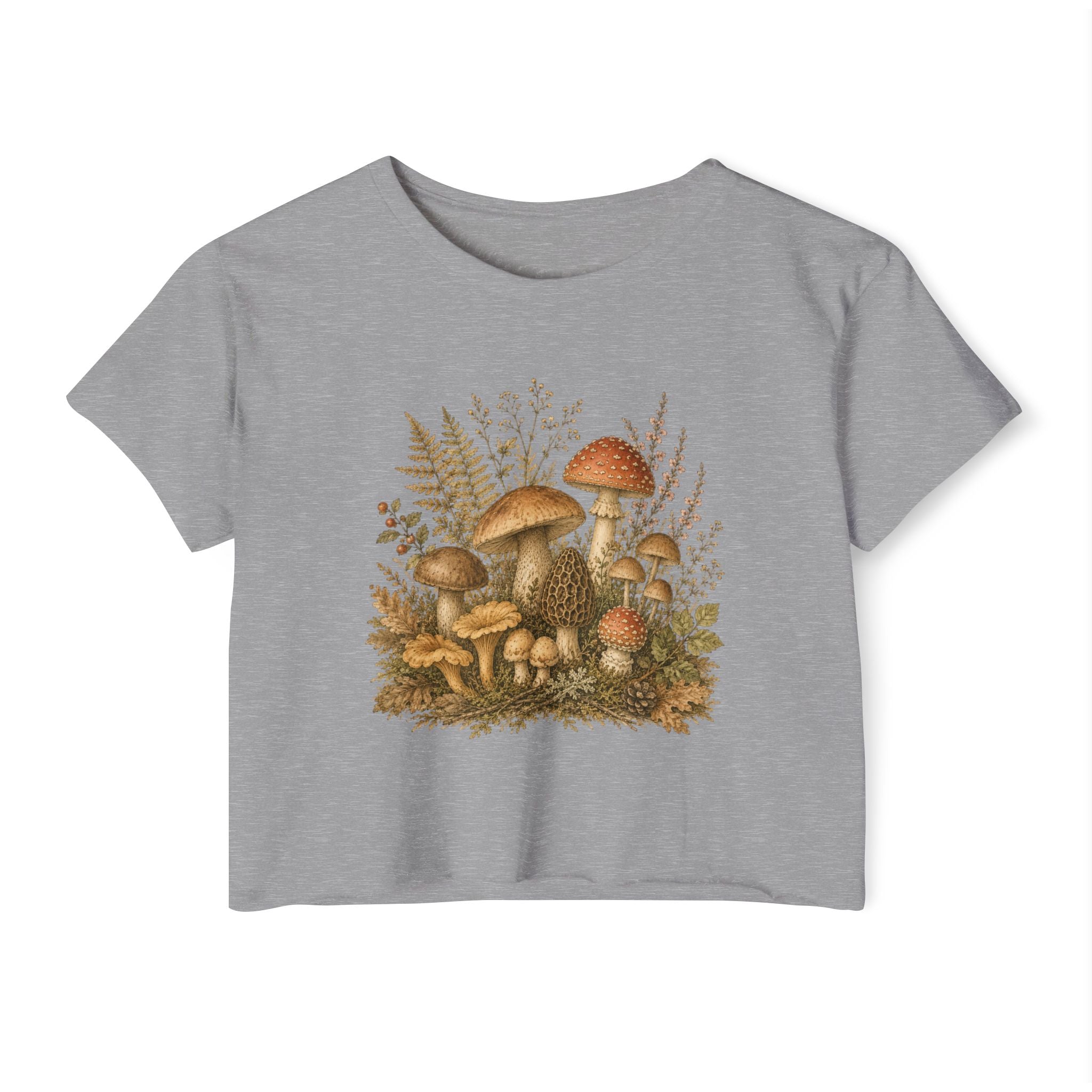 Woodland Mushrooms Women's Crop Top — Vintage Botanical Fungi Festival Tee