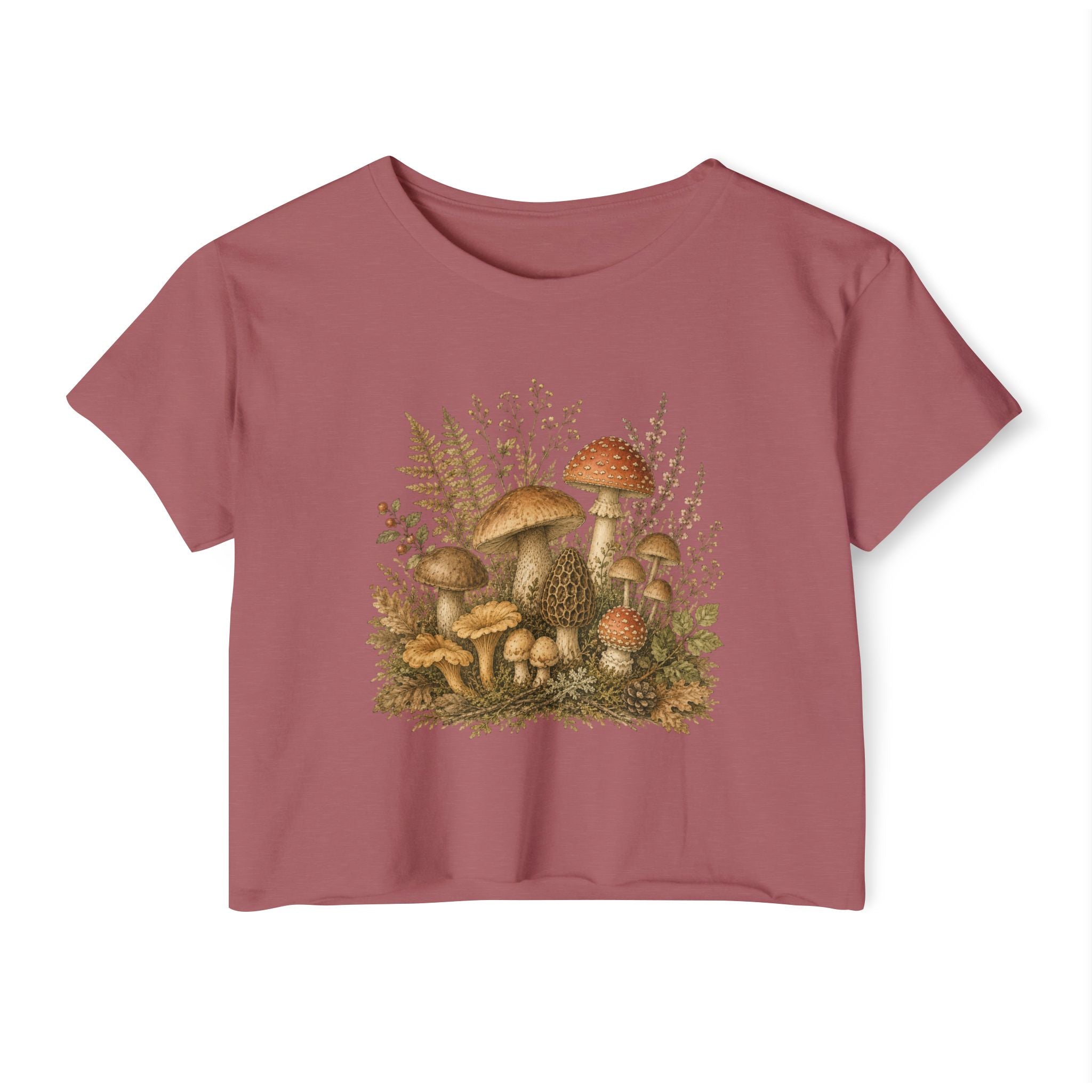 Woodland Mushrooms Women's Crop Top — Vintage Botanical Fungi Festival Tee