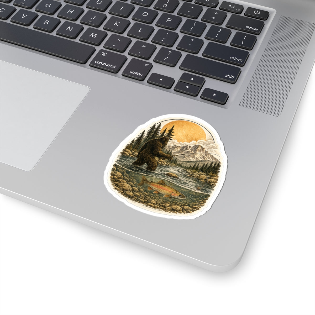 Sasquatch Fly Fishing Sticker — Outdoor Adventure Kiss-Cut Decal
