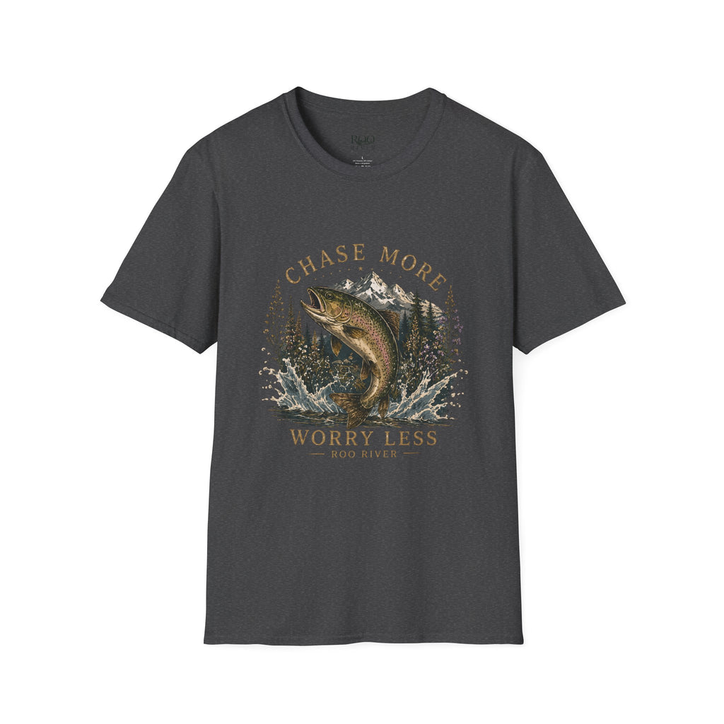 T-Shirt — Chase More, Worry Less Fishing Tee (Mountain Trout Design)