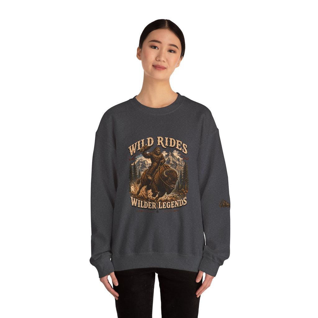Wild Rides, Wilder Legends — Sasquatch Bison Rider, Crewneck Sweatshirt