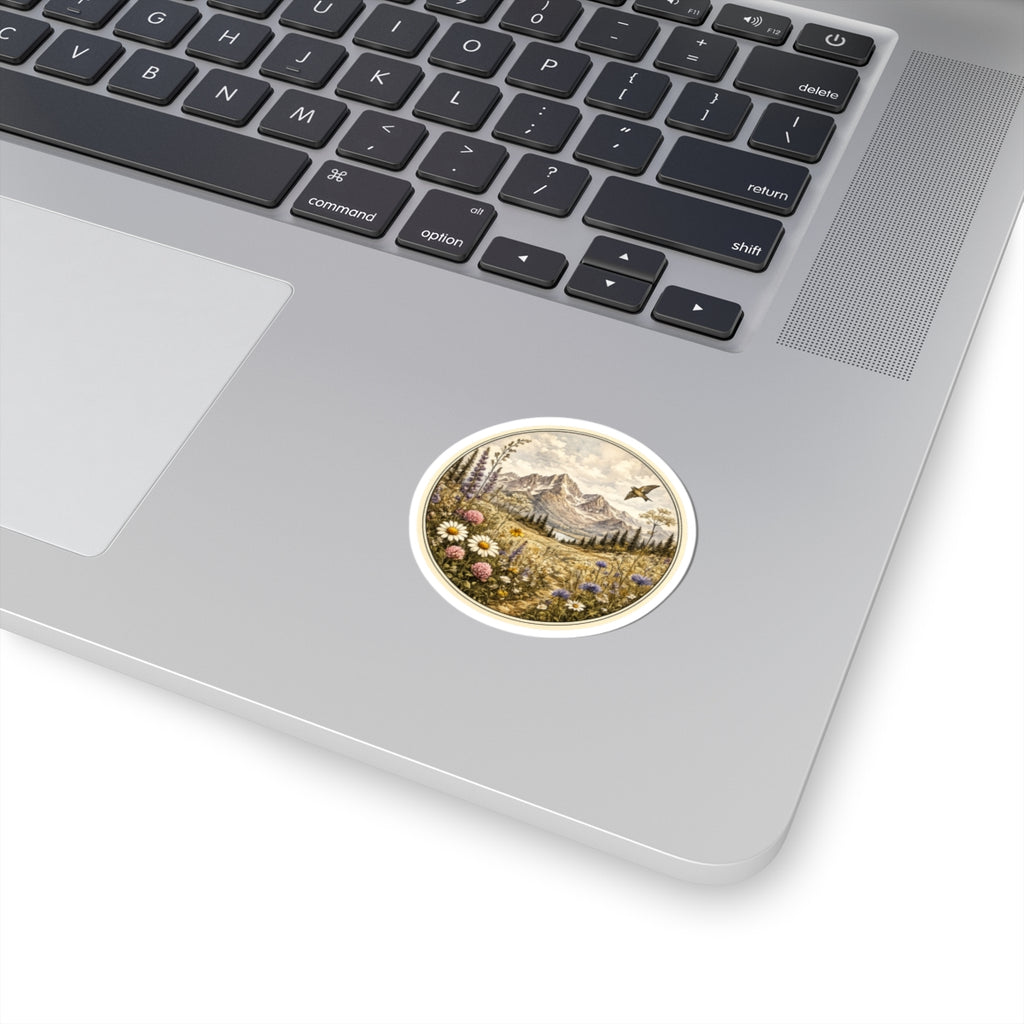 Vintage Meadow Mountain Sticker — Round  Kiss-Cut Scenic Sticker