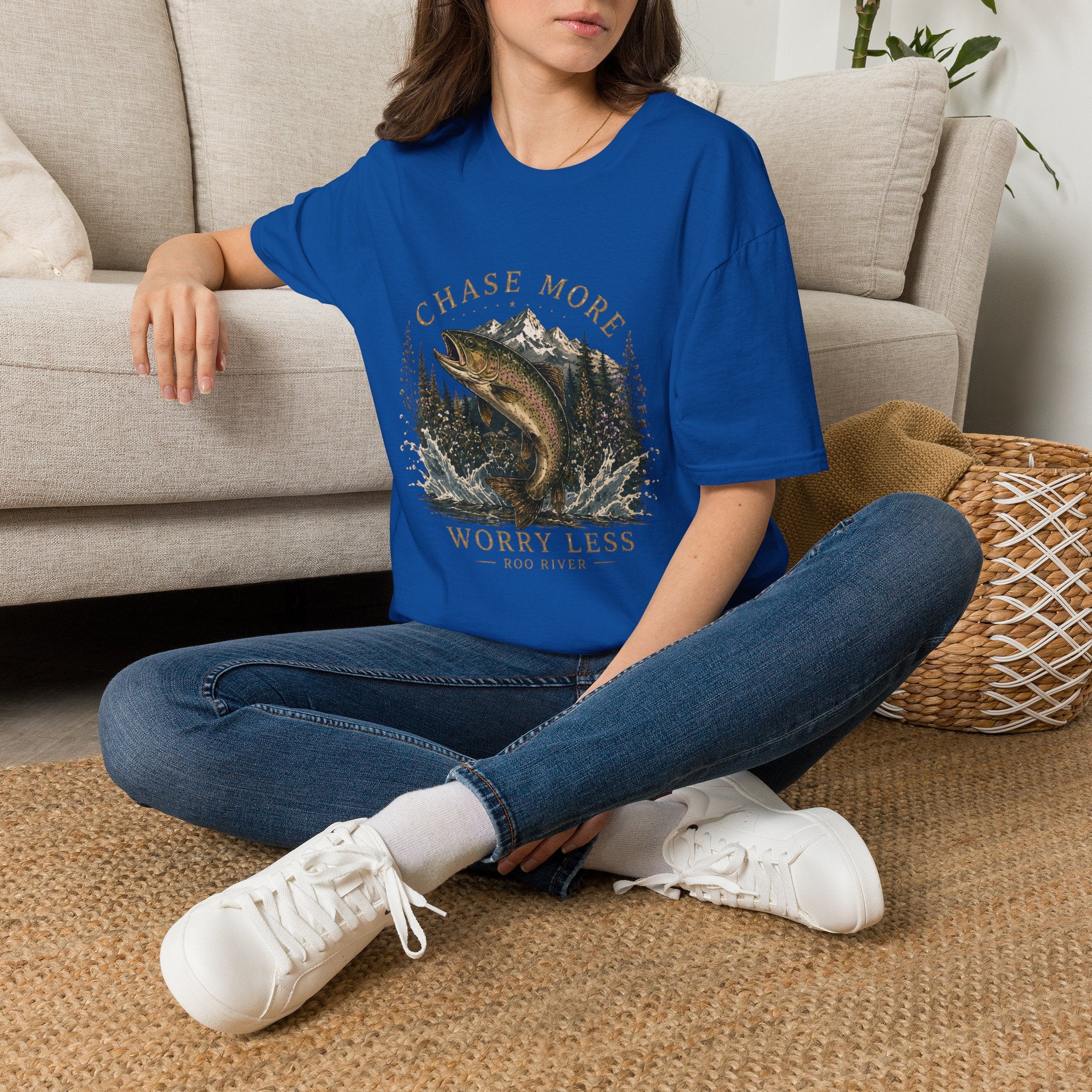 T-Shirt — Chase More, Worry Less Fishing Tee (Mountain Trout Design)
