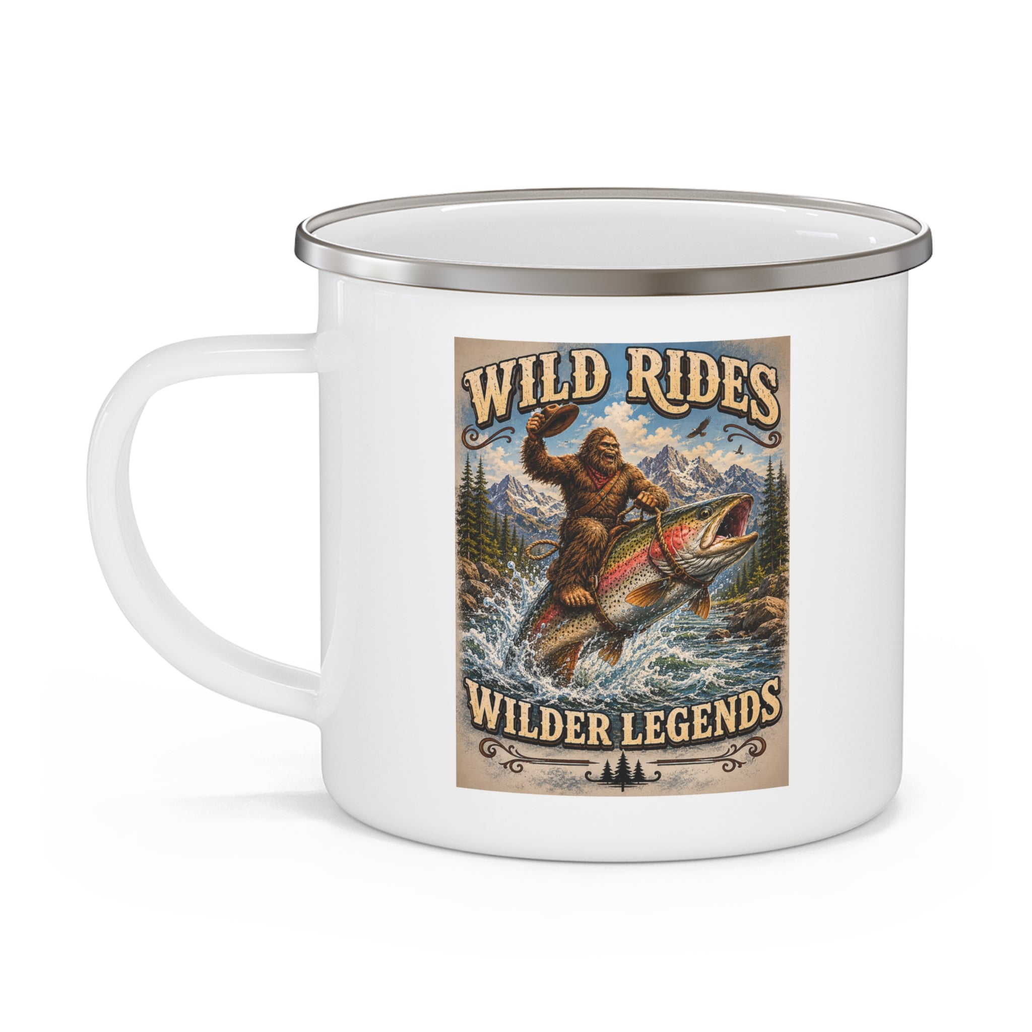 Enamel Mug — Wild Rides, Wilder Legends Coffee Mug – Sasquatch on the Trout