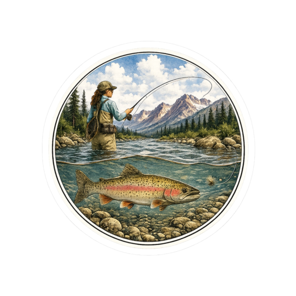 Fishing River Scene Vinyl Sticker — Female Angler & Rainbow Trout Kiss-Cut Decal