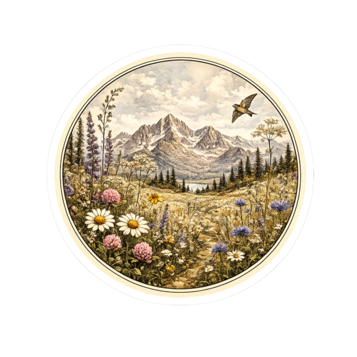 Vintage Meadow Mountain Sticker — Round  Kiss-Cut Scenic Sticker