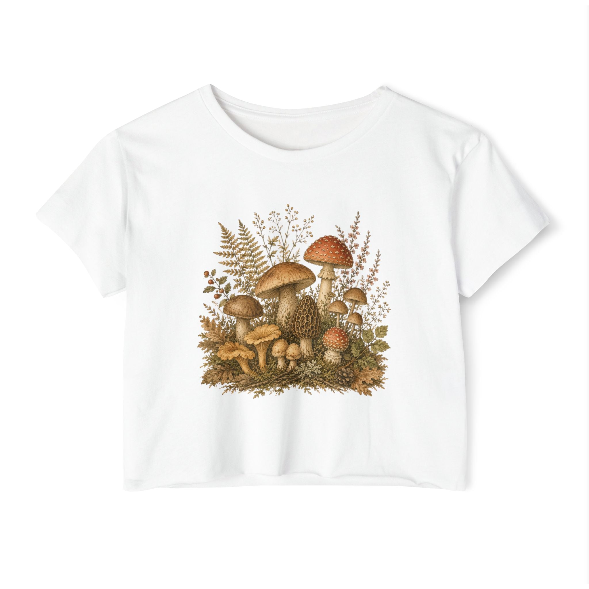 Woodland Mushrooms Women's Crop Top — Vintage Botanical Fungi Festival Tee