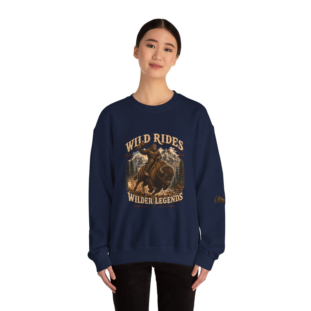 Wild Rides, Wilder Legends — Sasquatch Bison Rider, Crewneck Sweatshirt