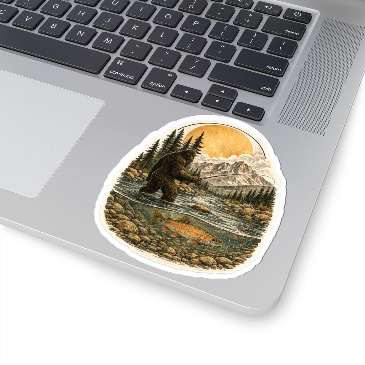 Sasquatch Fly Fishing Sticker — Outdoor Adventure Kiss-Cut Decal