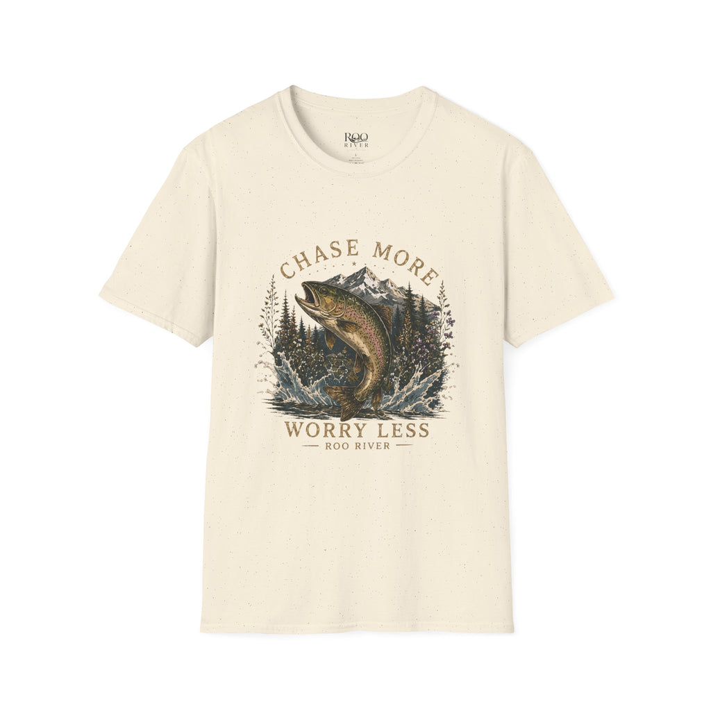 T-Shirt — Chase More, Worry Less Fishing Tee (Mountain Trout Design)