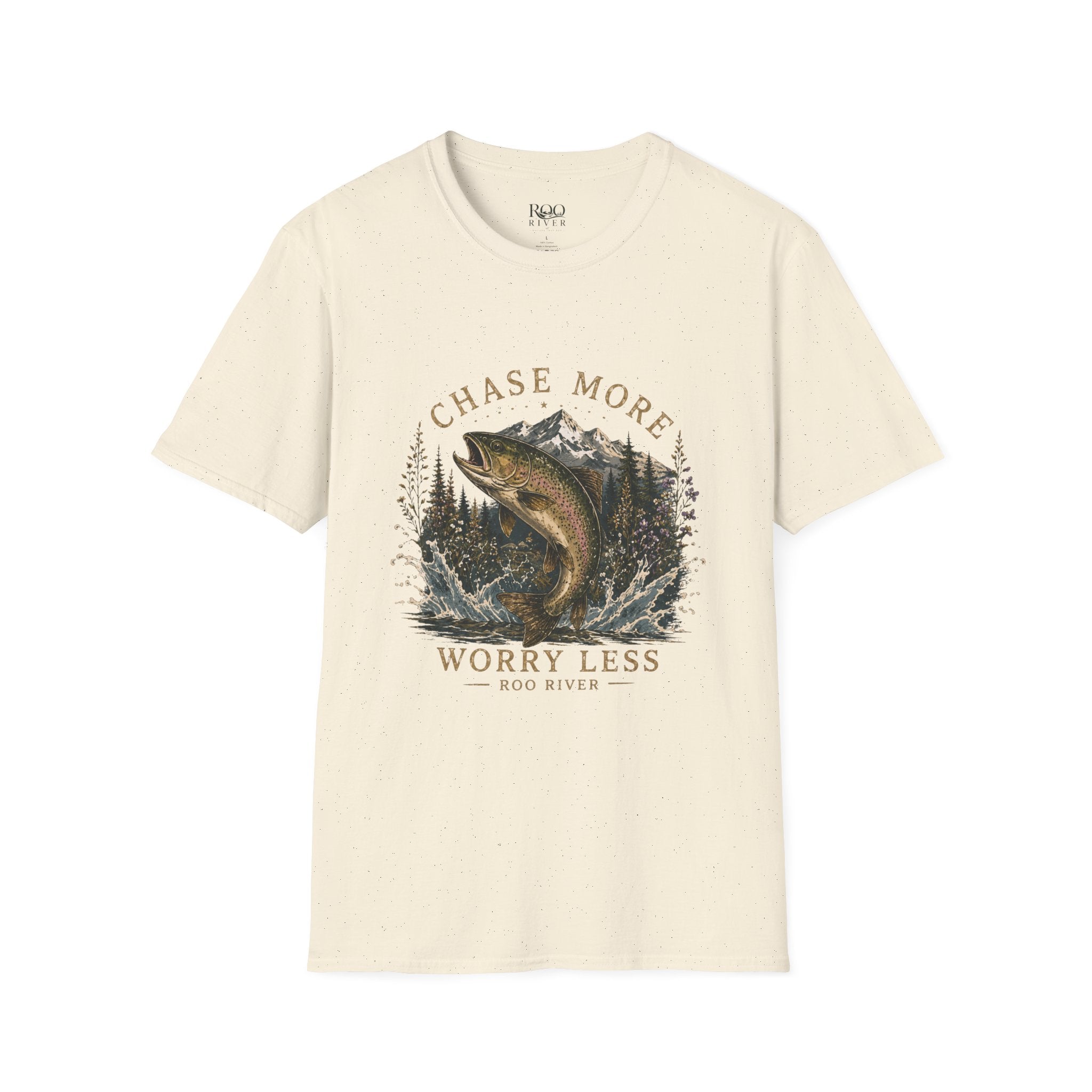 T-Shirt — Chase More, Worry Less Fishing Tee (Mountain Trout Design)