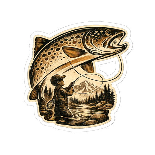A Boy's Fishing Adventure Vinyl Sticker — Vintage Trout Flyfishing Scene