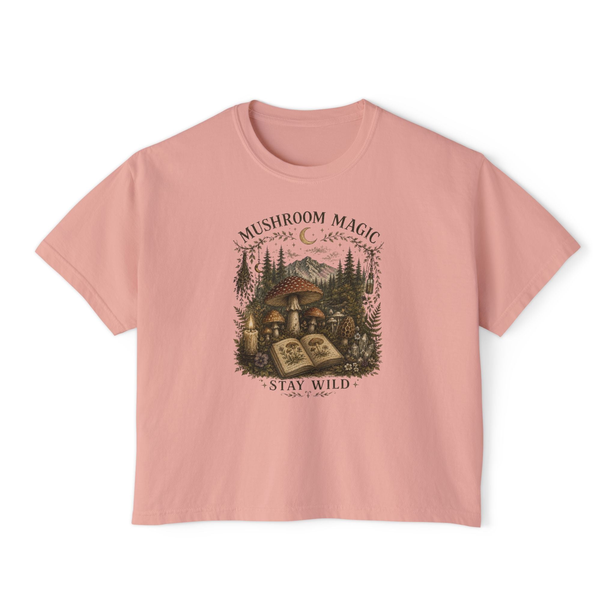 Kait's Hidden Hollow Women's Boxy Tee — Forest Cottage Retro Nature Graphic