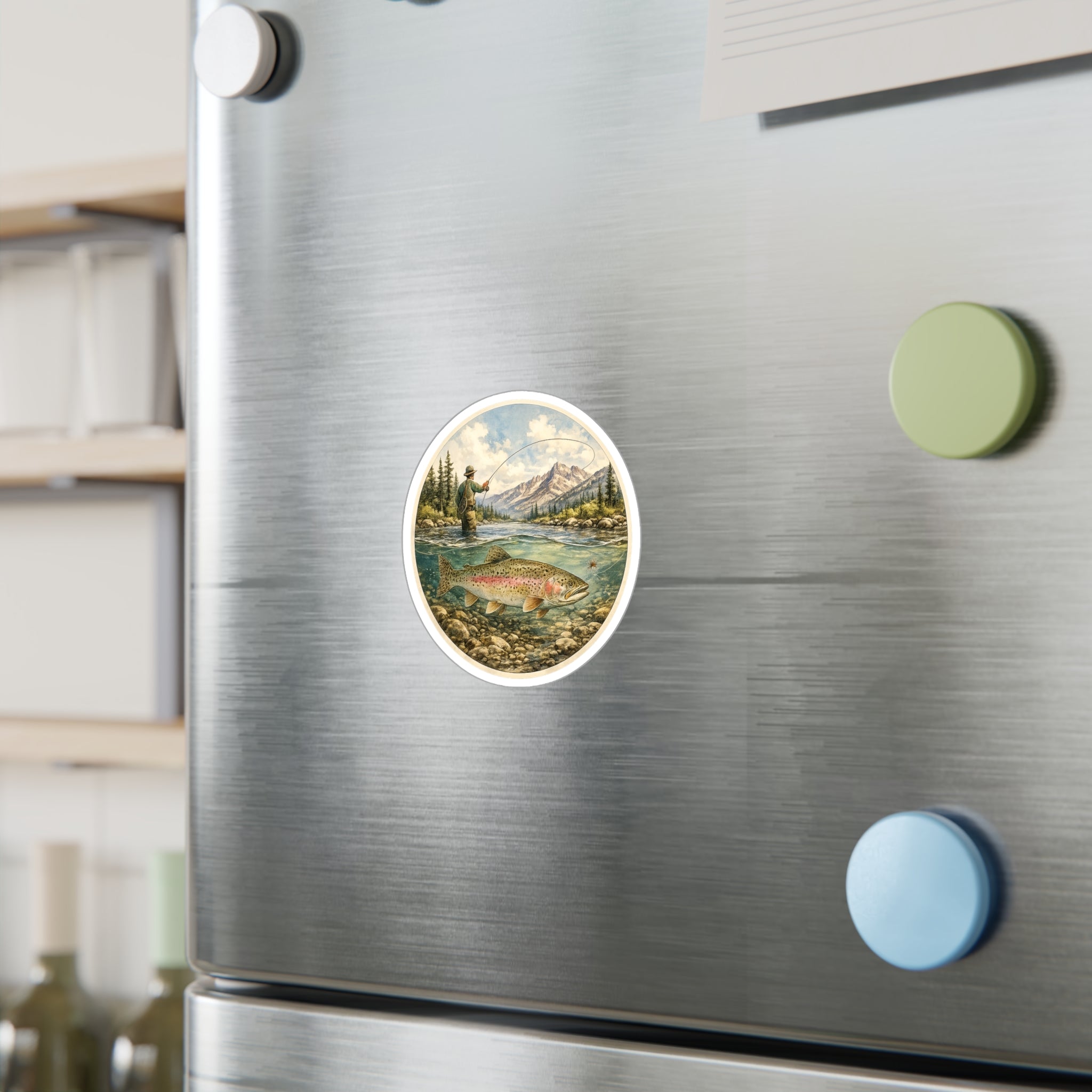Trout Fly Fishing Sticker — Vintage Mountain River Vinyl Sticker — Kiss-Cut Decal