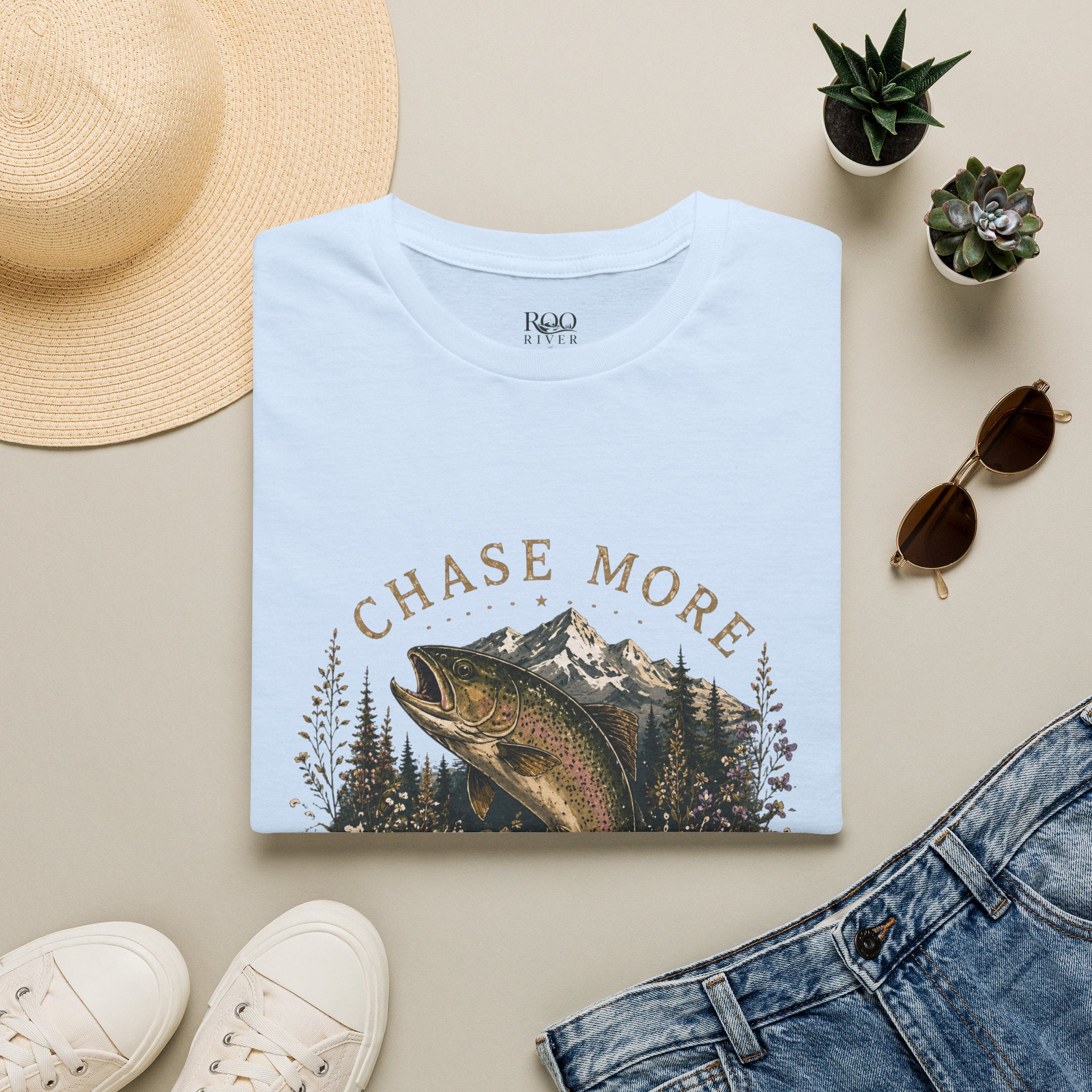 T-Shirt — Chase More, Worry Less Fishing Tee (Mountain Trout Design)