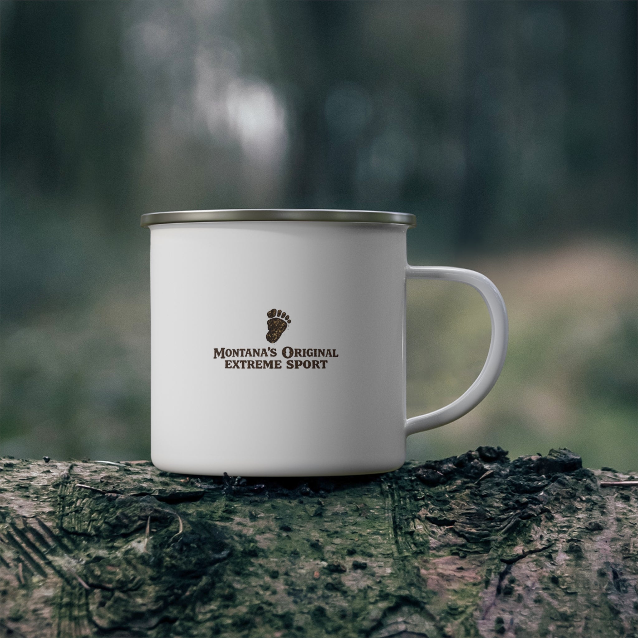 Enamel Camping Mug — Wild Rides, Wilder Legends Coffee Mug – Sasquatch on the Bison