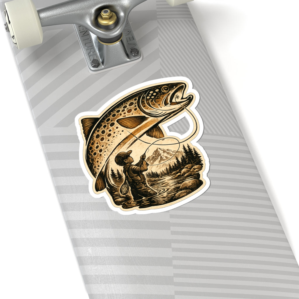 A Boy's Fishing Adventure Vinyl Sticker — Vintage Trout Flyfishing Scene
