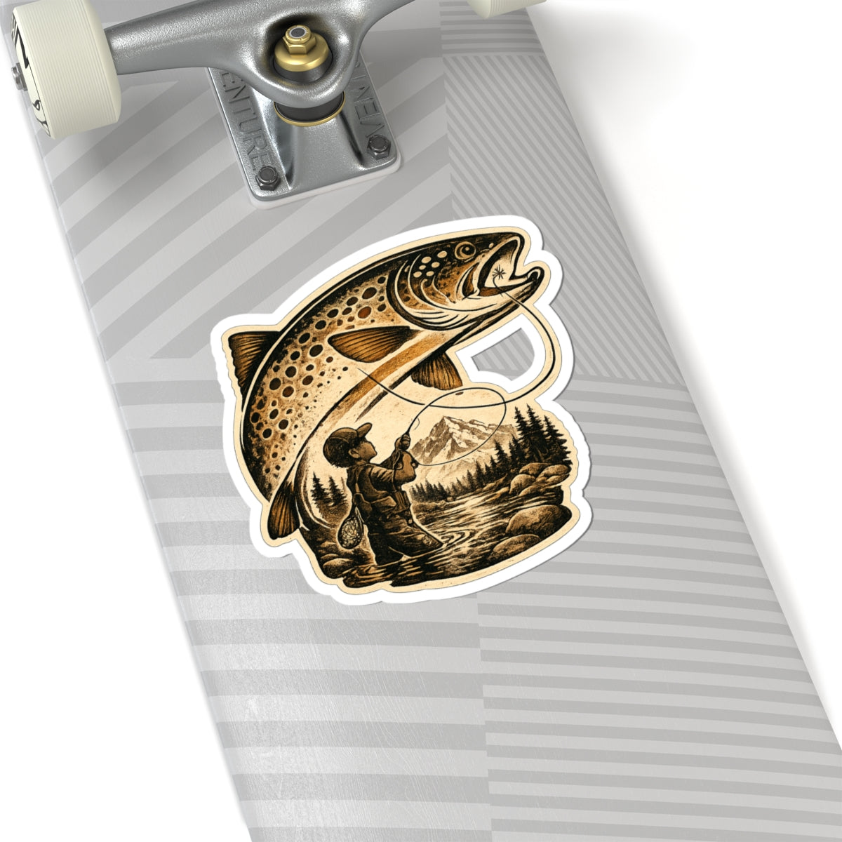 A Boy's Fishing Adventure Vinyl Sticker — Vintage Trout Flyfishing Scene