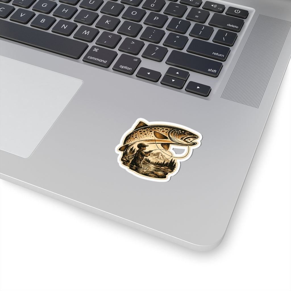 A Boy's Fishing Adventure Vinyl Sticker — Vintage Trout Flyfishing Scene