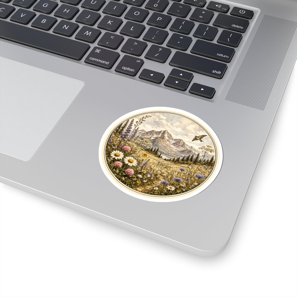 Vintage Meadow Mountain Sticker — Round  Kiss-Cut Scenic Sticker