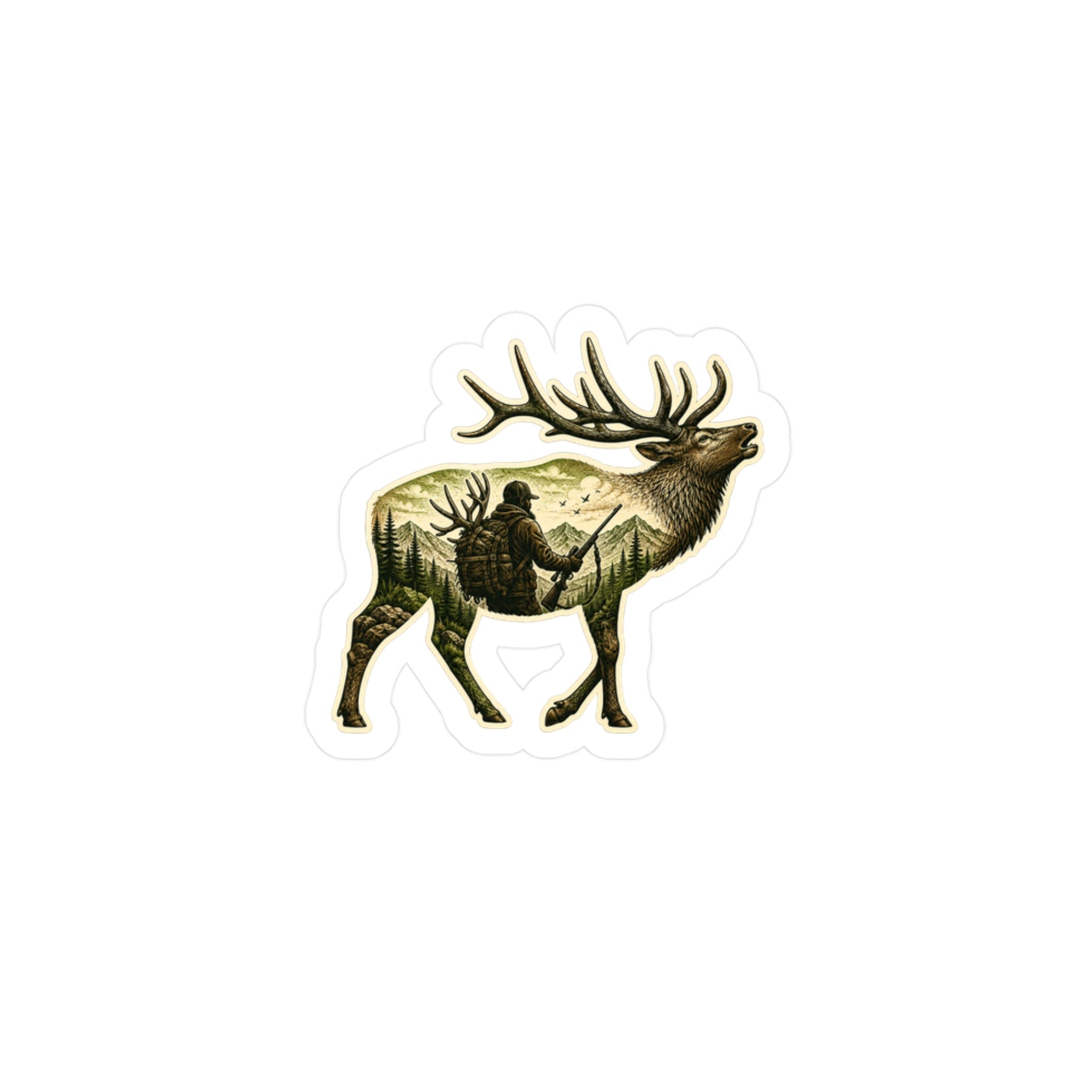 Water resistant Bull Elk Hunter  Sticker — Hunting Scene Kiss-Cut Decal