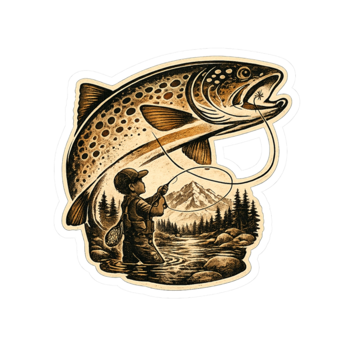 A Boy's Fishing Adventure Vinyl Sticker — Vintage Trout Flyfishing Scene