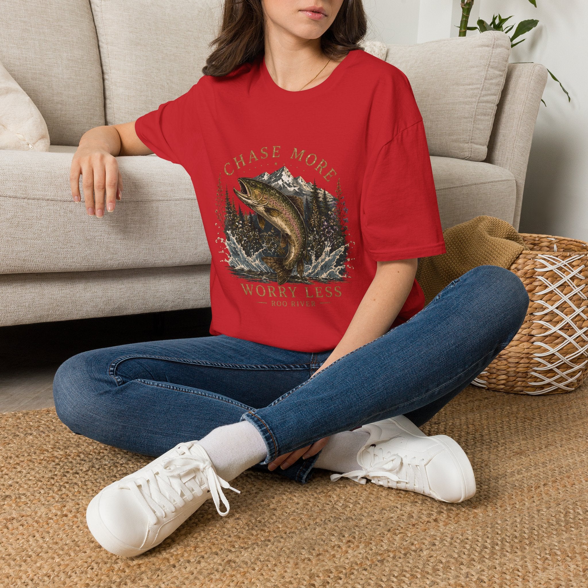 T-Shirt — Chase More, Worry Less Fishing Tee (Mountain Trout Design)