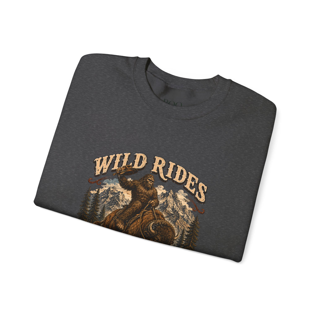 Wild Rides, Wilder Legends — Sasquatch Bison Rider, Crewneck Sweatshirt