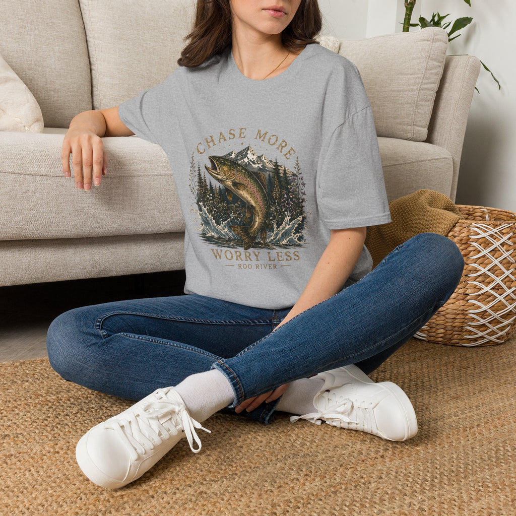 T-Shirt — Chase More, Worry Less Fishing Tee (Mountain Trout Design)