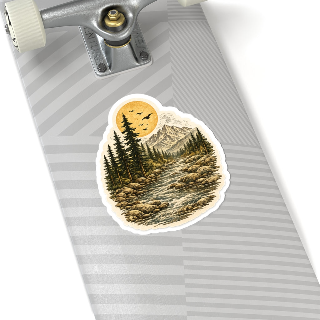 Mountain River Vinyl Sticker — Retro Wilderness Kiss-Cut Sticker