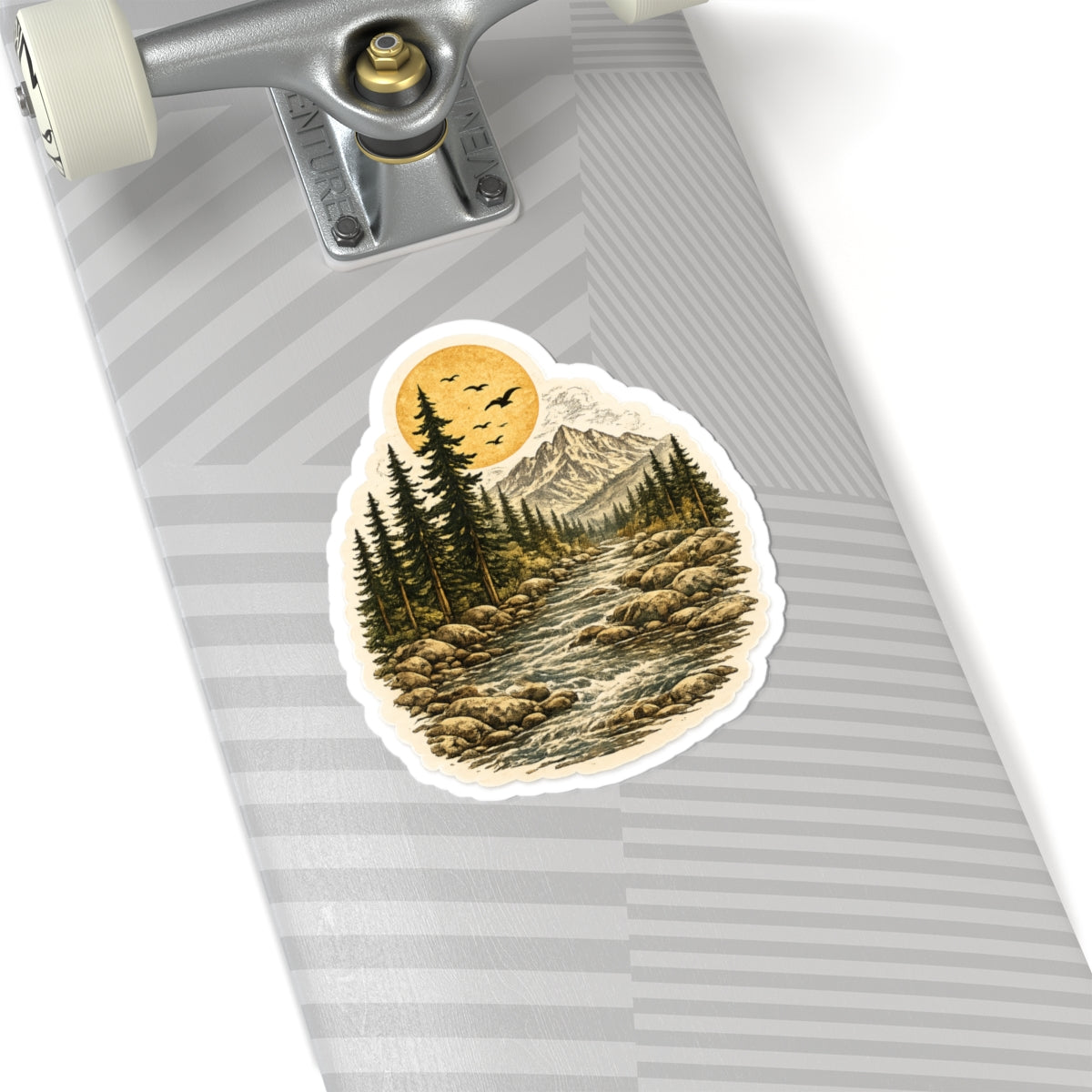 Mountain River Vinyl Sticker — Retro Wilderness Kiss-Cut Sticker