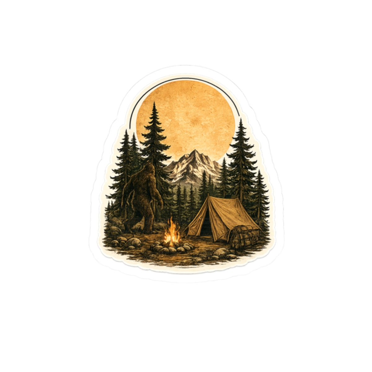 Camping Bigfoot Sticker — Vintage Mountain Campfire Vinyl Kiss-Cut