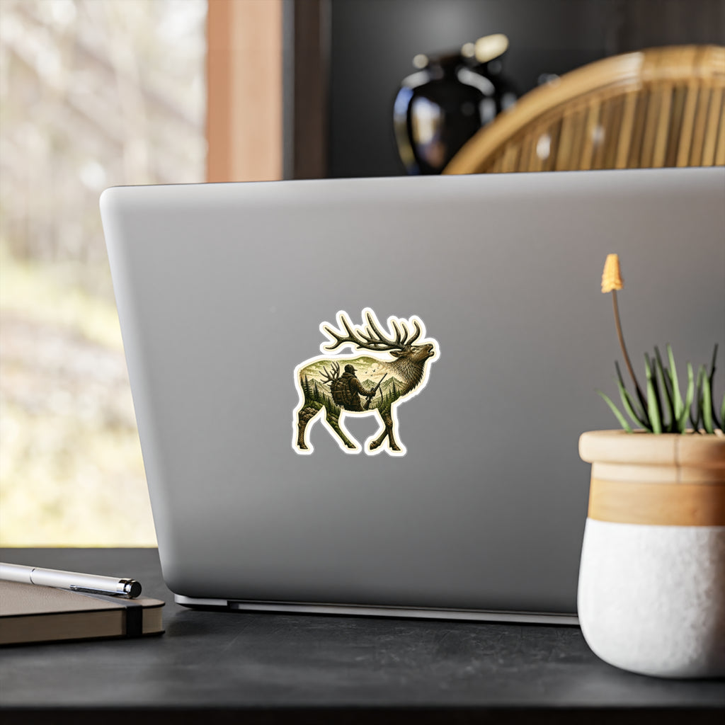 Water resistant Bull Elk Hunter  Sticker — Hunting Scene Kiss-Cut Decal