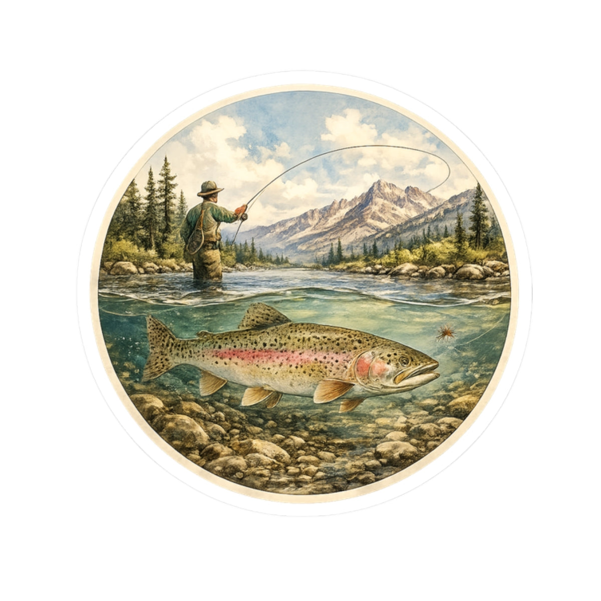 Trout Fly Fishing Sticker — Sticker — Vintage Mountain River Kiss-Cut Decal