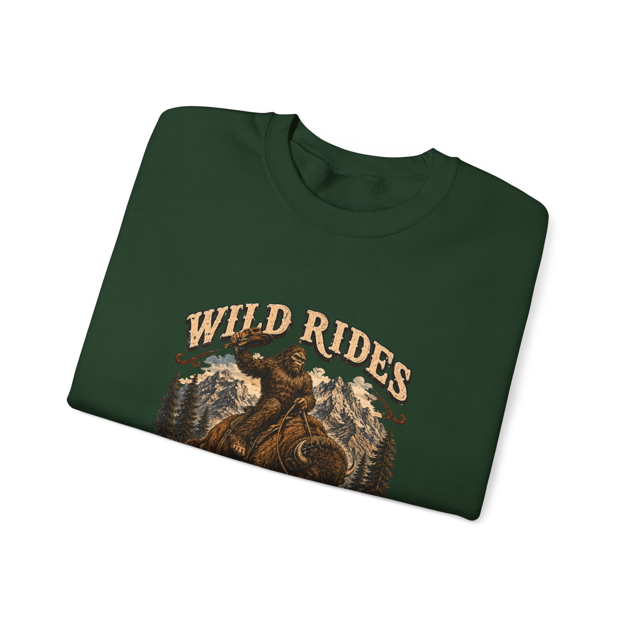 Wild Rides, Wilder Legends — Sasquatch Bison Rider, Crewneck Sweatshirt
