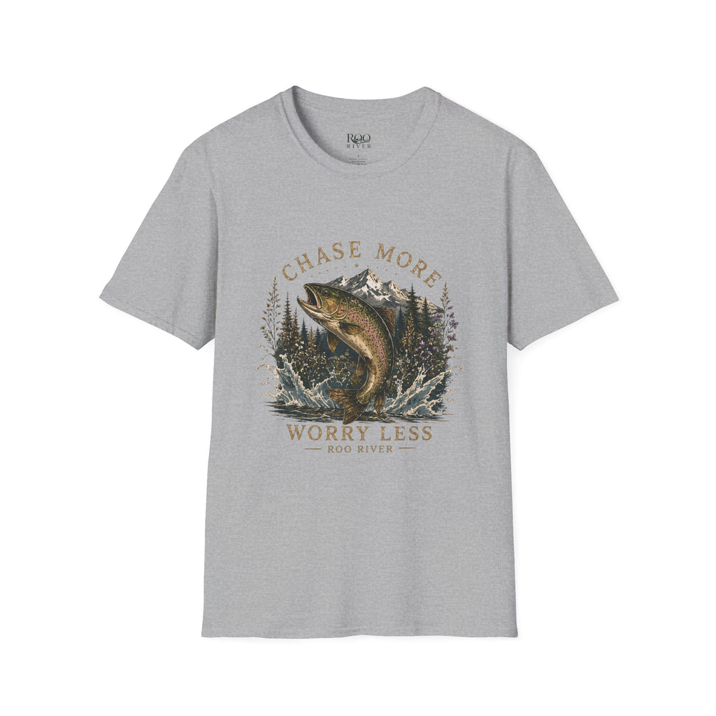 T-Shirt — Chase More, Worry Less Fishing Tee (Mountain Trout Design)