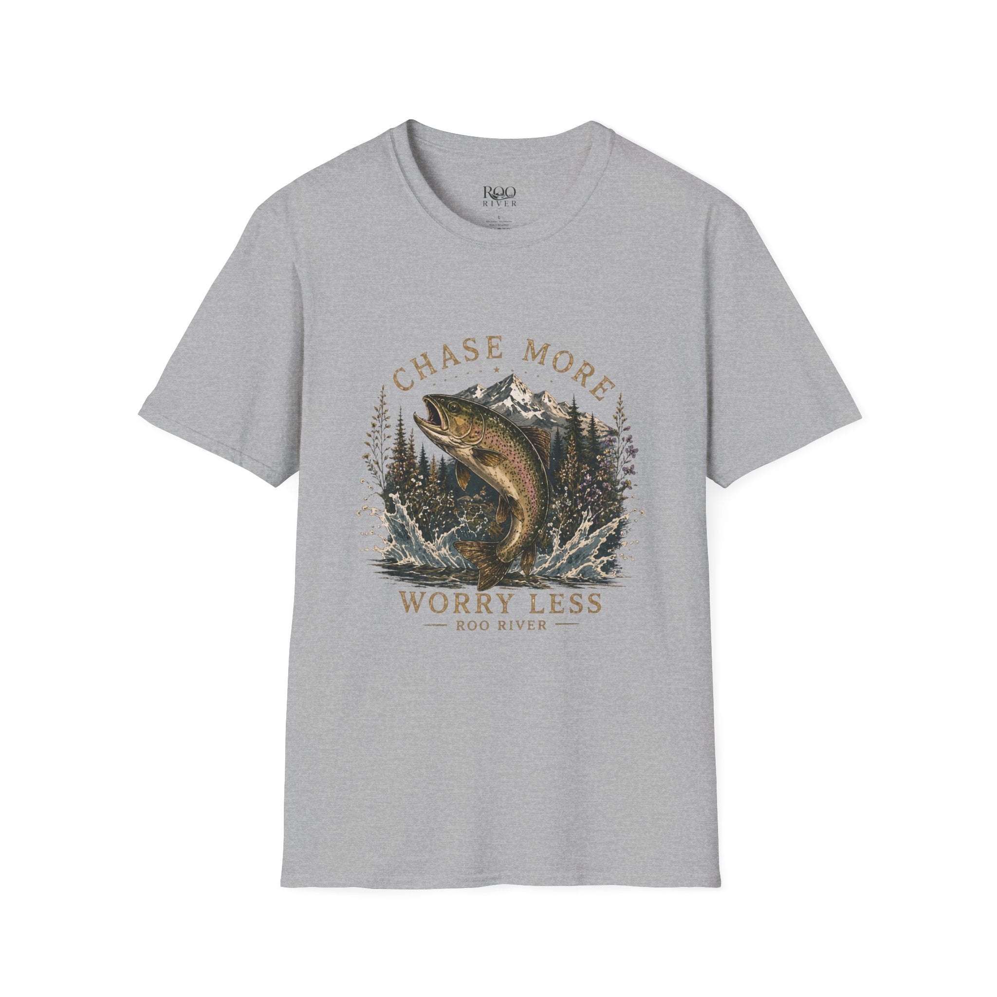 T-Shirt — Chase More, Worry Less Fishing Tee (Mountain Trout Design)