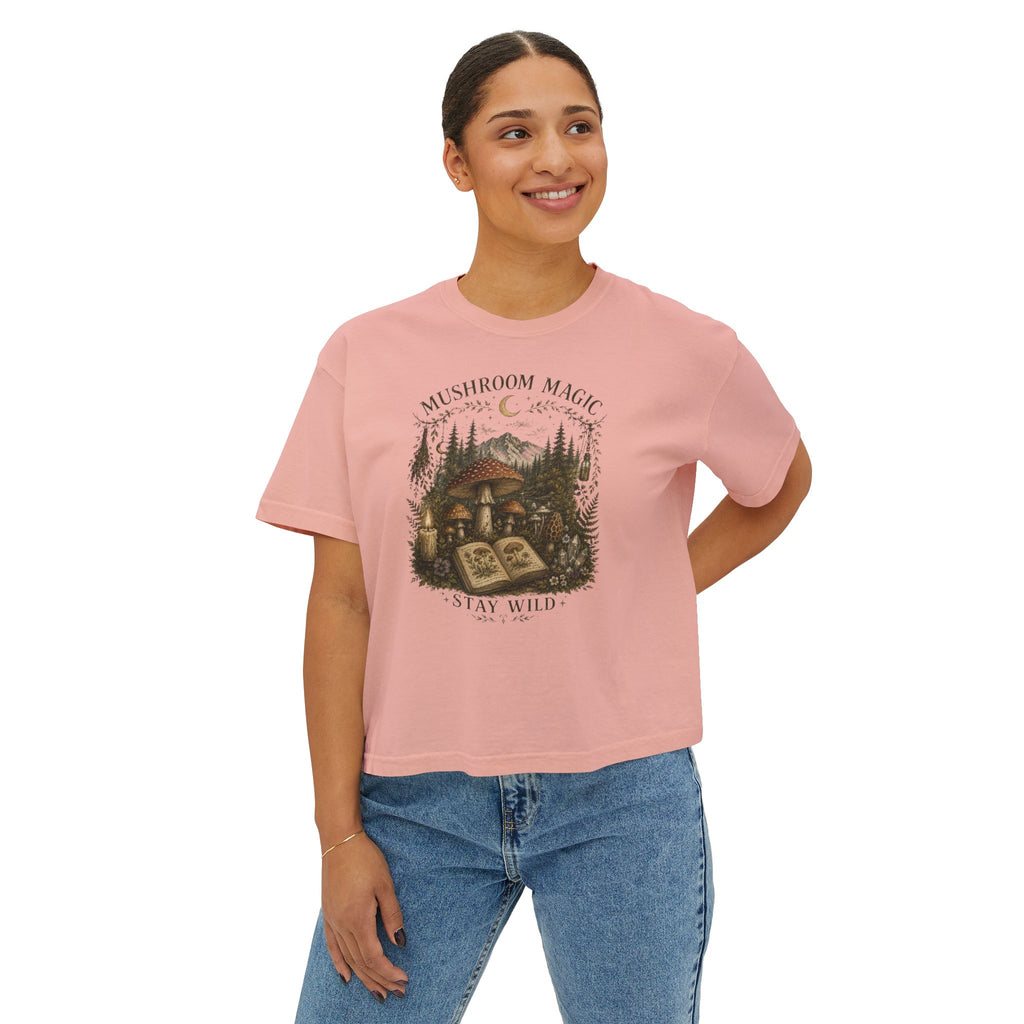 Kait's Hidden Hollow Women's Boxy Tee — Forest Cottage Retro Nature Graphic