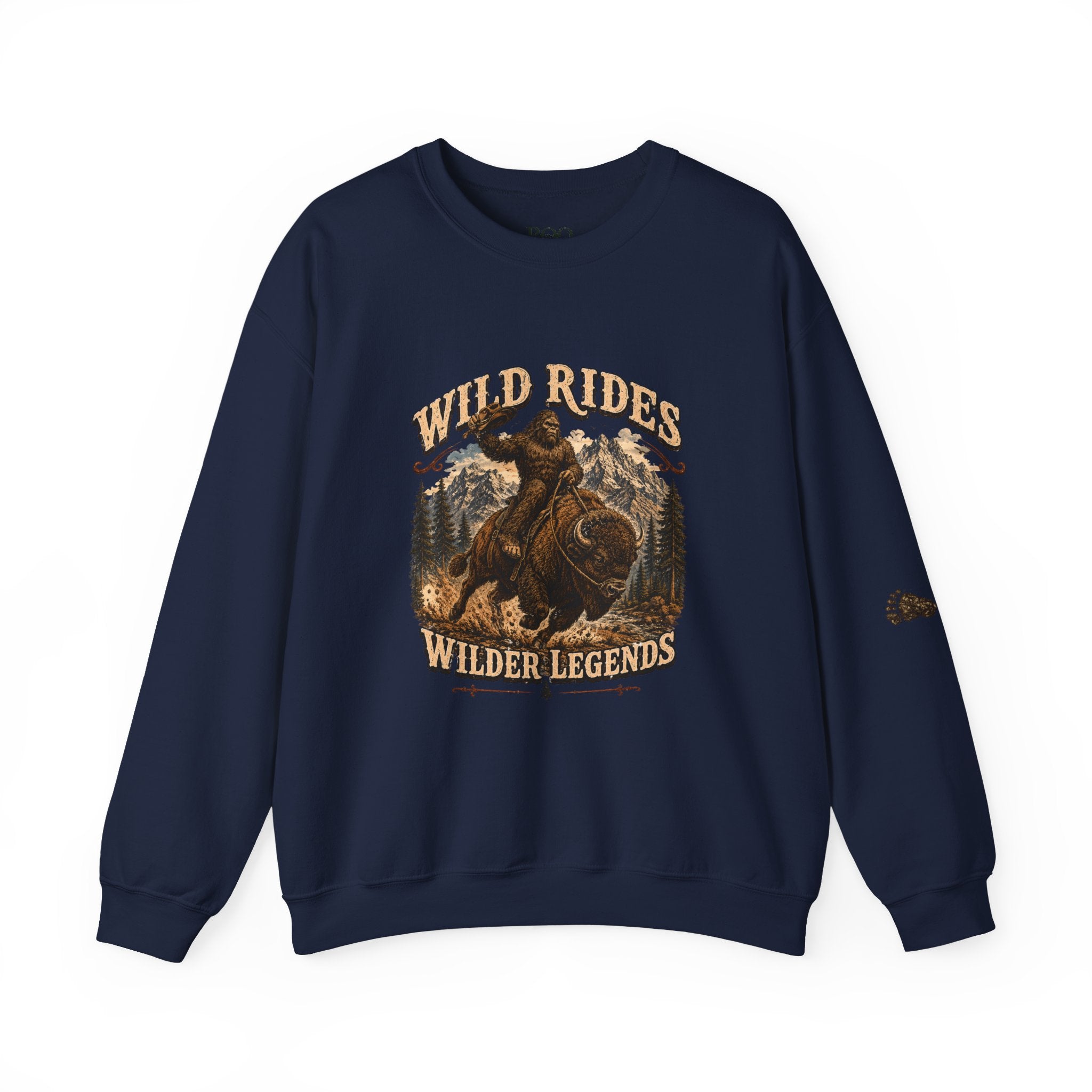 Wild Rides, Wilder Legends — Sasquatch Bison Rider, Crewneck Sweatshirt