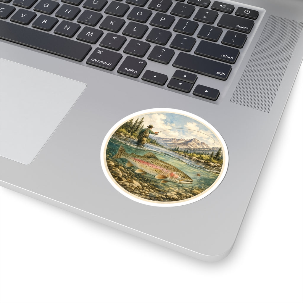 Trout Fly Fishing Sticker — Sticker — Vintage Mountain River Kiss-Cut Decal