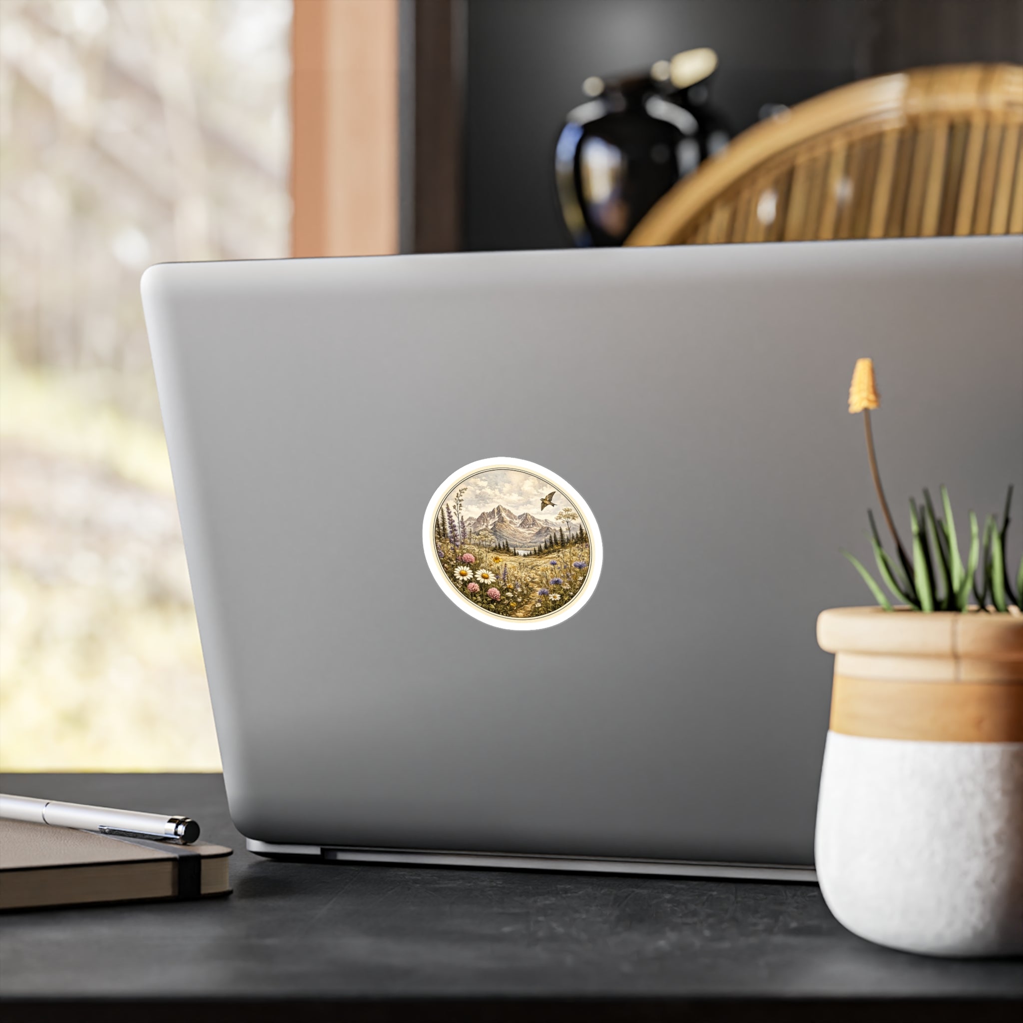 Water Resistant Vintage Meadow Mountain Sticker — Round  Kiss-Cut Scenic Sticker