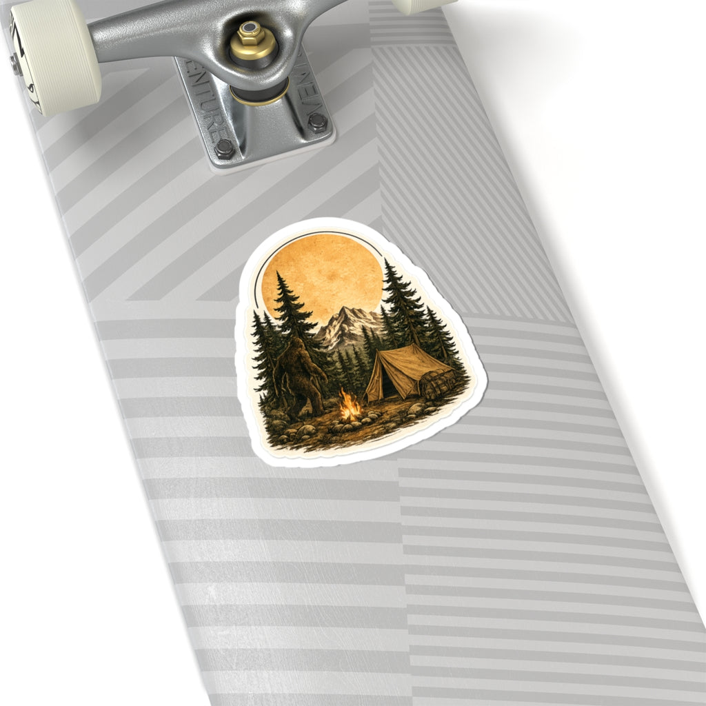 Camping Bigfoot Sticker — Vintage Mountain Campfire Vinyl Kiss-Cut
