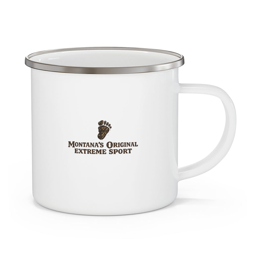 Enamel Camping Mug — Wild Rides, Wilder Legends Coffee Mug – Sasquatch on the Bison