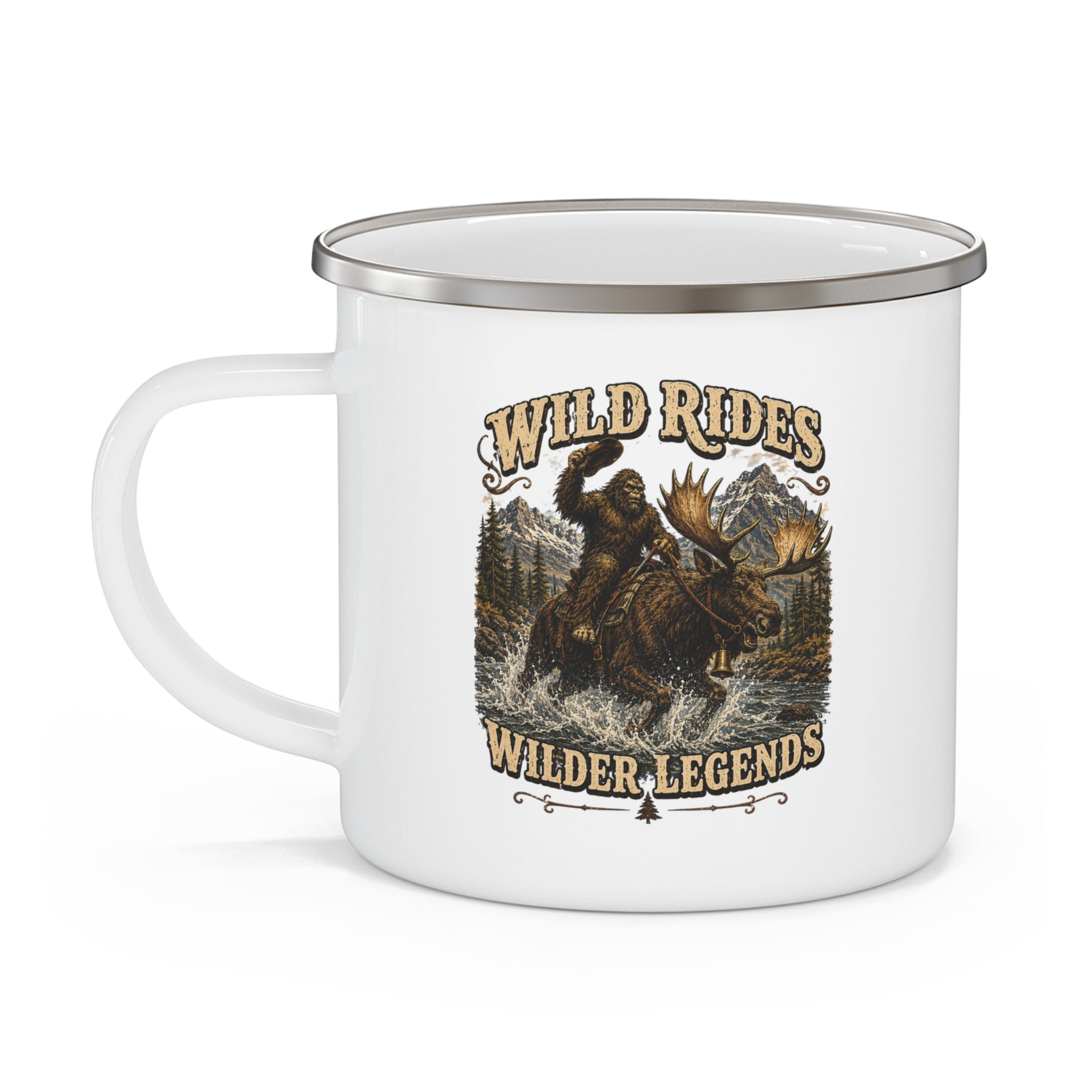 Enamel Camping Mug — Wild Rides, Wilder Legends Coffee Mug – Sasquatch on the Moose