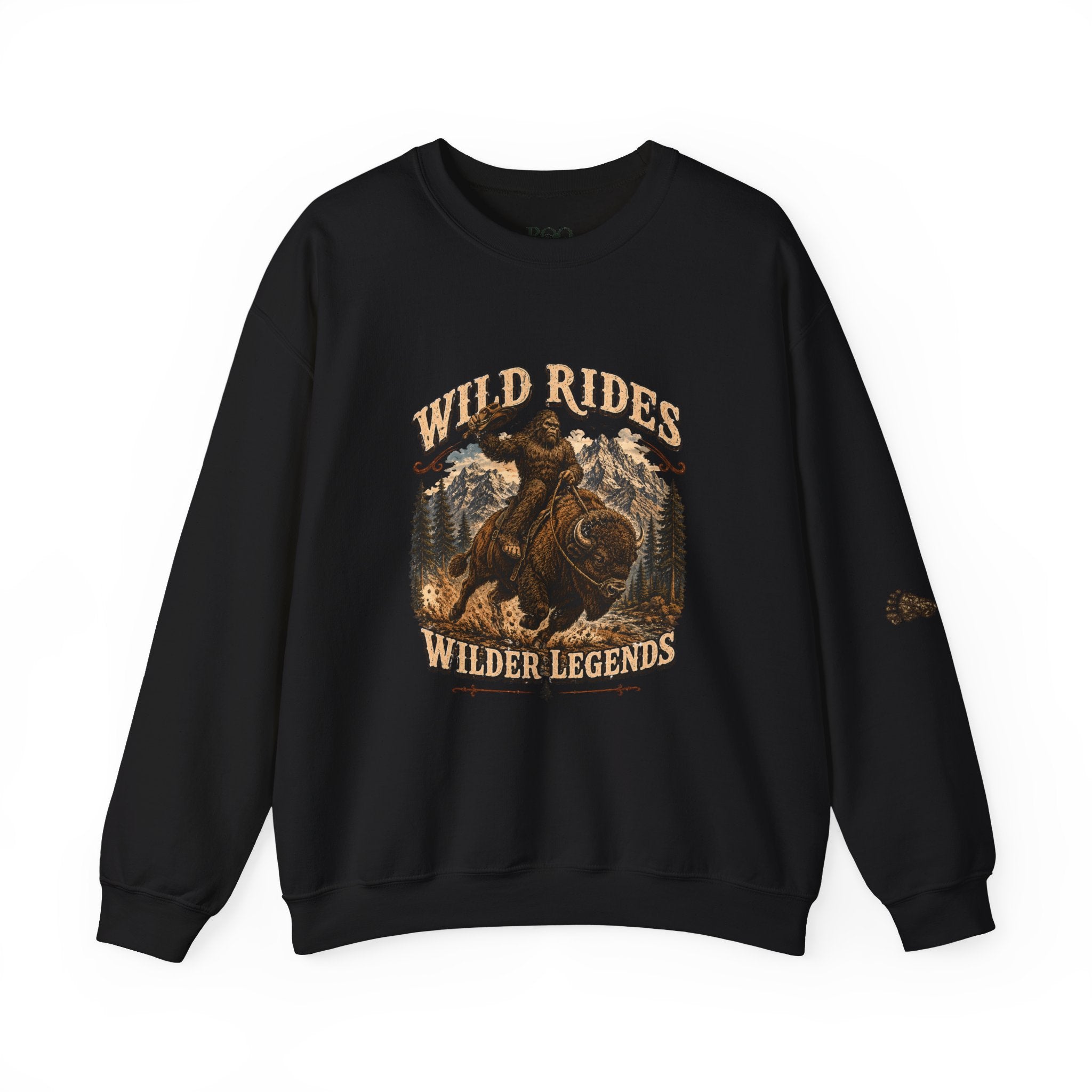 Wild Rides, Wilder Legends — Sasquatch Bison Rider, Crewneck Sweatshirt