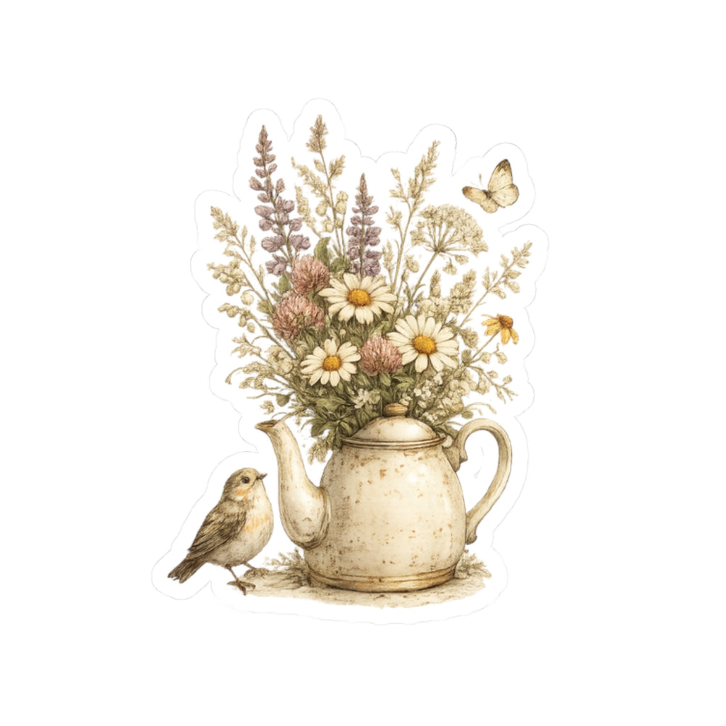 Floral Teapot & Songbird Sticker — Kiss-Cut Waterproof Decal