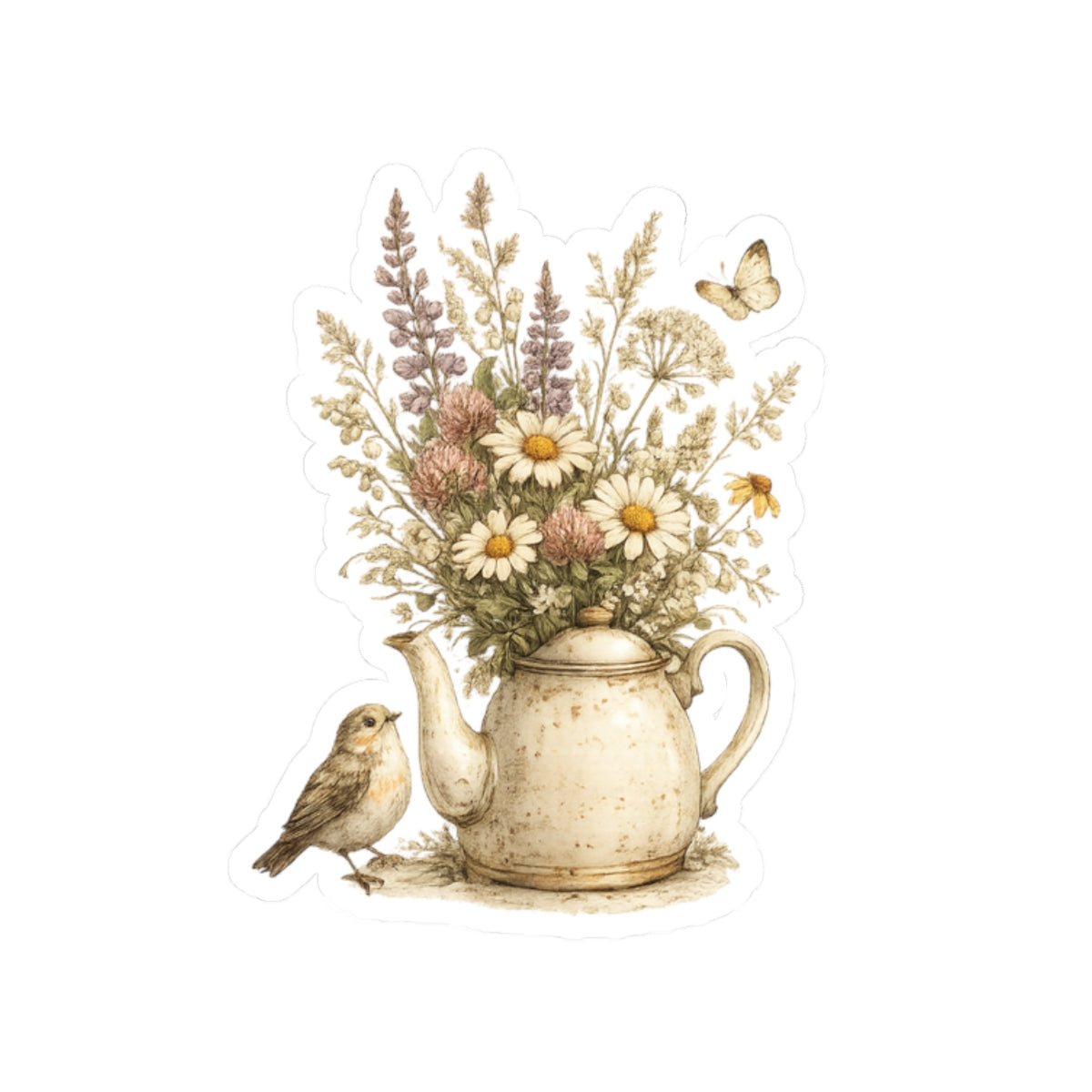 Floral Teapot & Songbird Sticker — Kiss-Cut Waterproof Decal