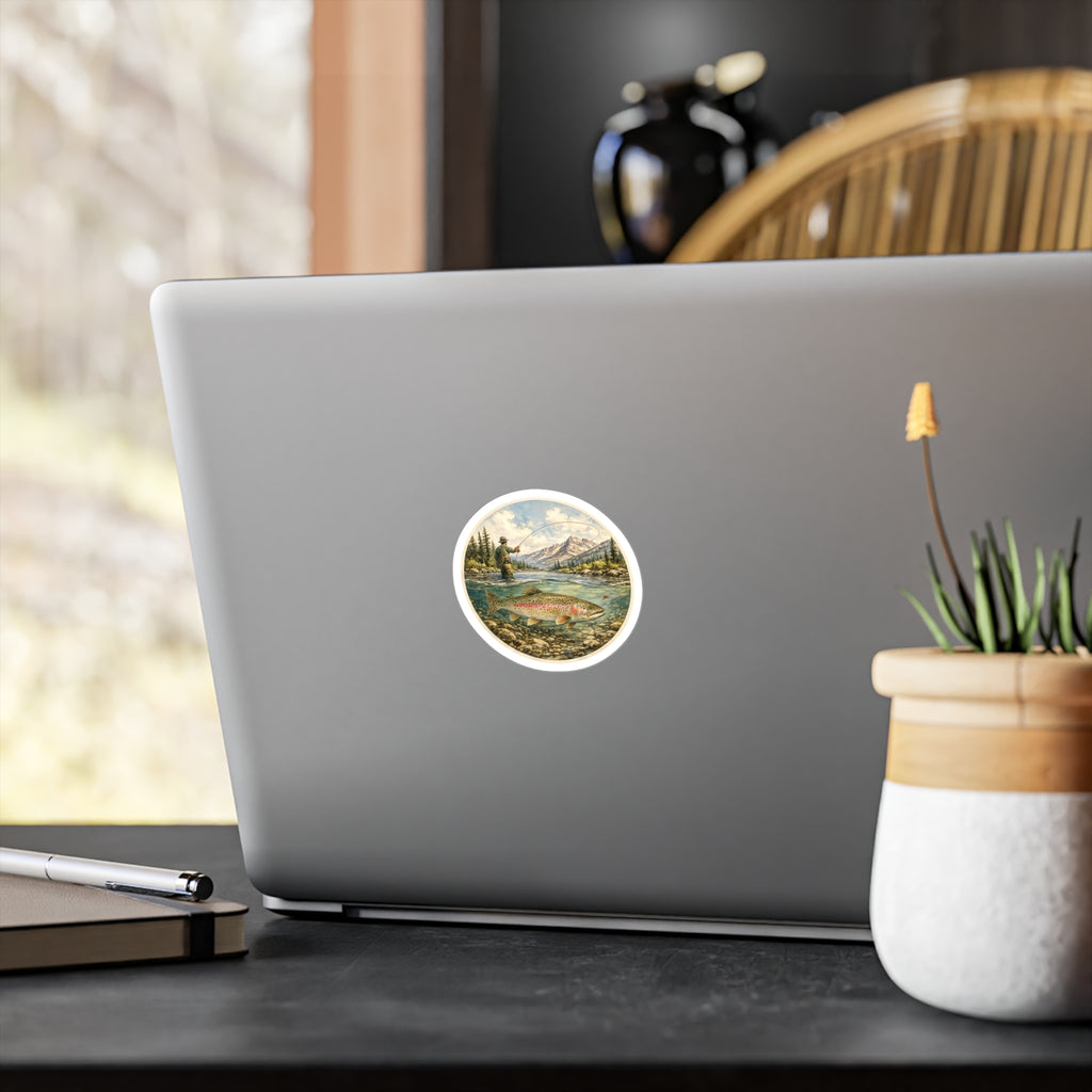Trout Fly Fishing Sticker — Vintage Mountain River Vinyl Sticker — Kiss-Cut Decal