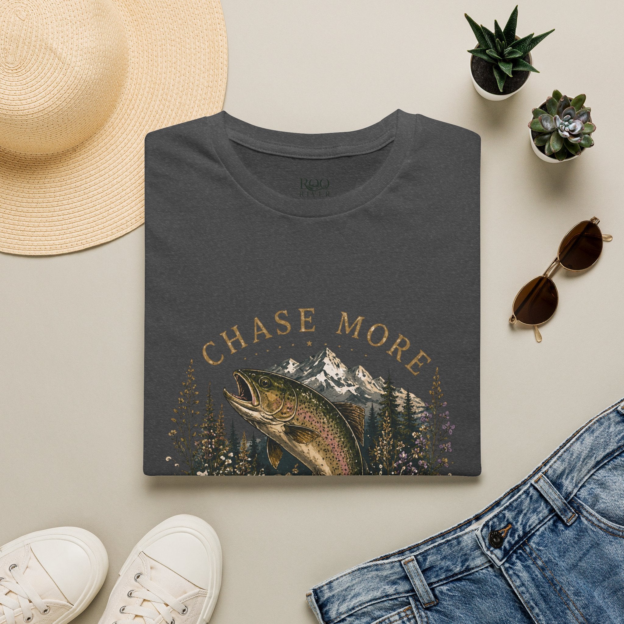 T-Shirt — Chase More, Worry Less Fishing Tee (Mountain Trout Design)